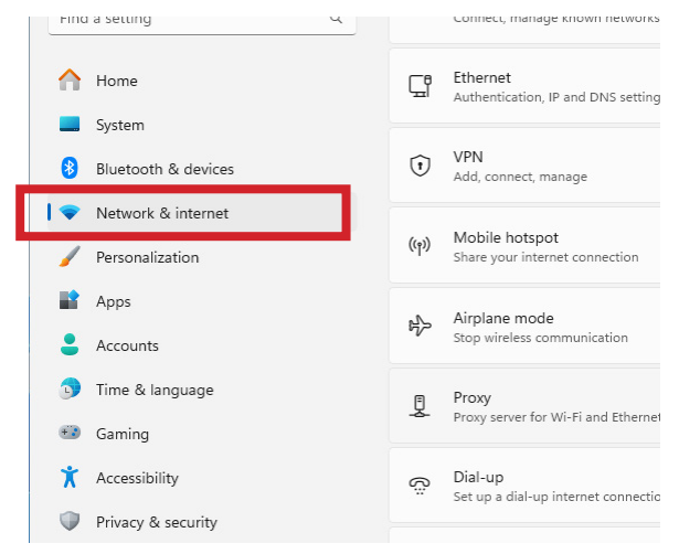 Network and Internet settings