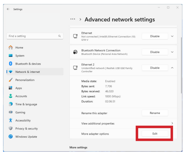 Edit adapter settings