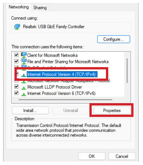 TCP/IP Properties selection