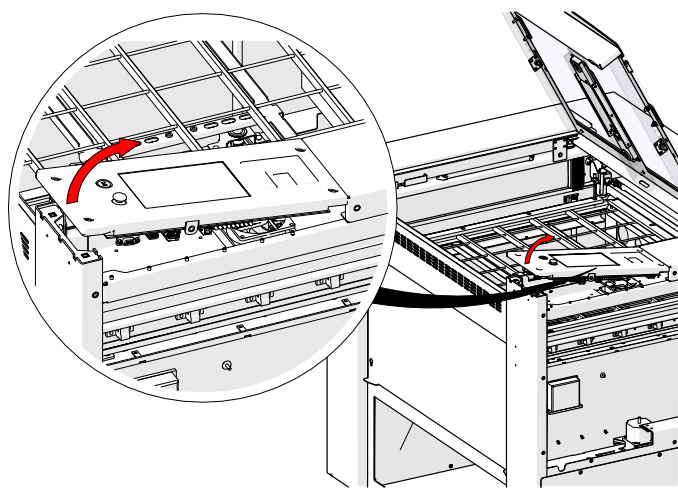 Lifting the display shroud to access internal wiring.
