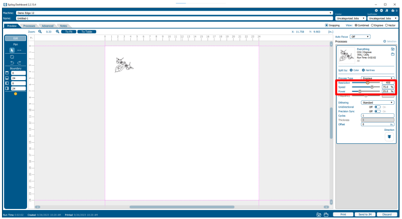 Adjusting speed, power, and resolution.