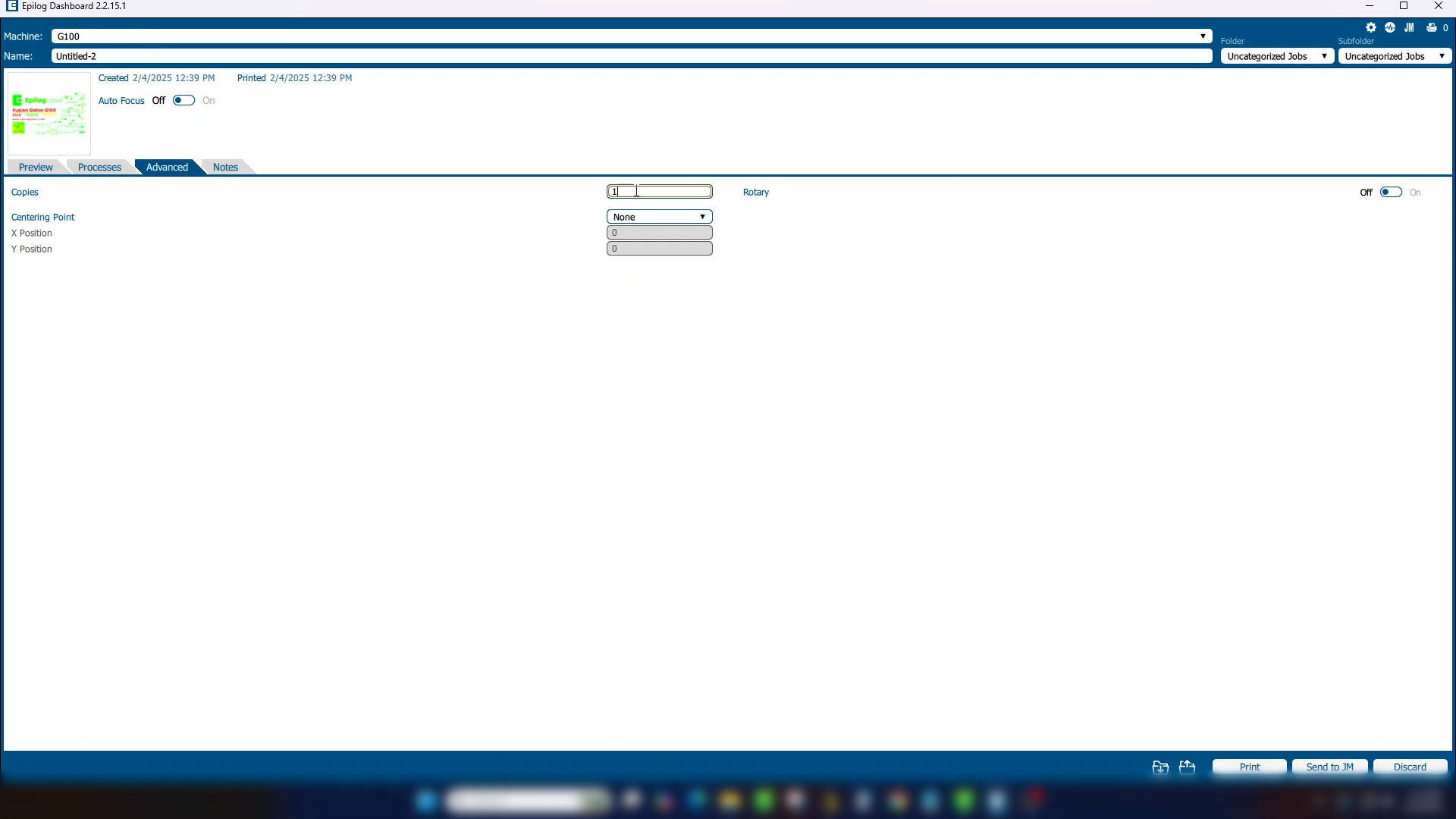 Copies setting in Advanced tab on Fusion Galvo
