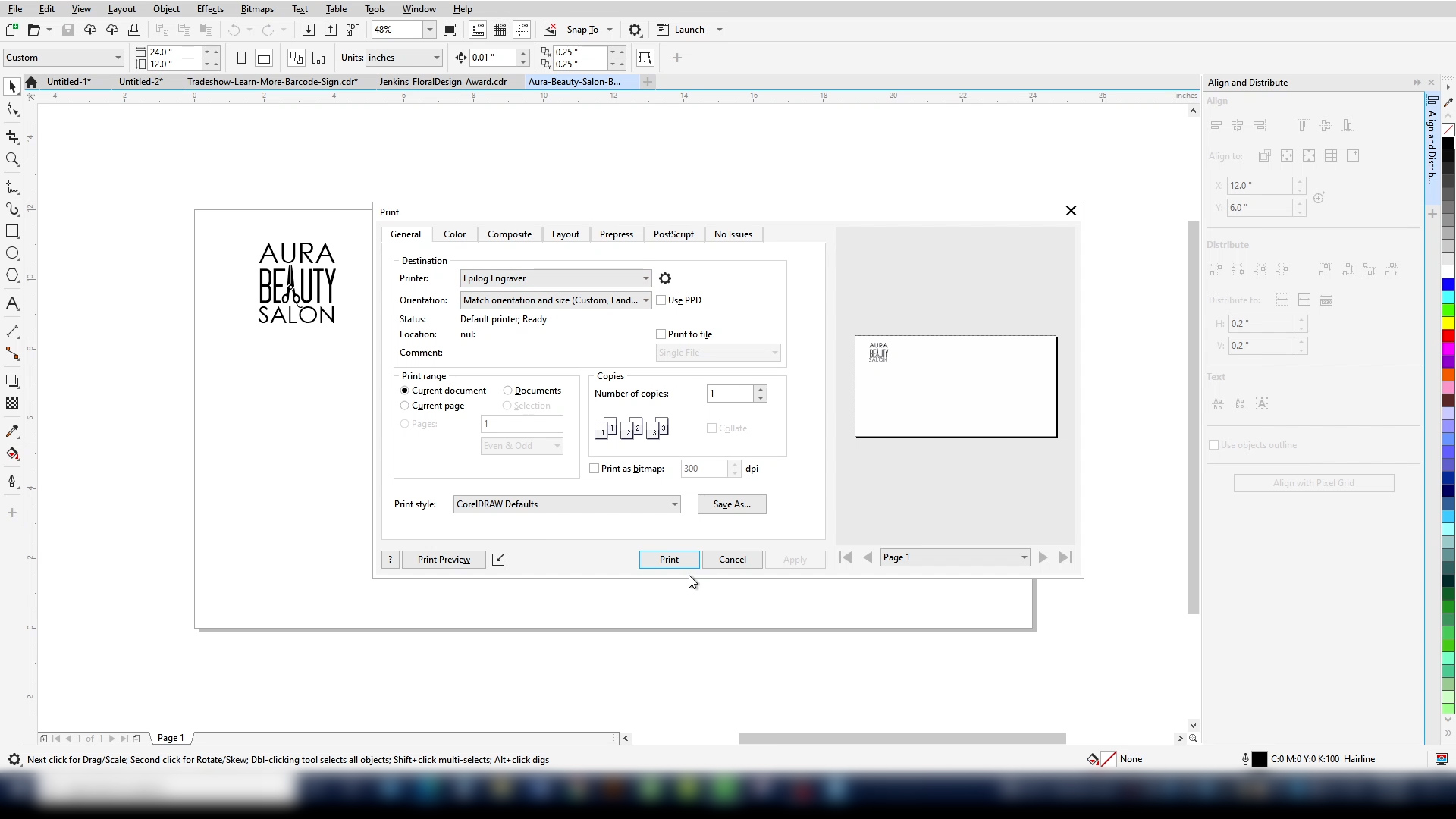 Computer screenshot showing print dialog for Epilog Engraver