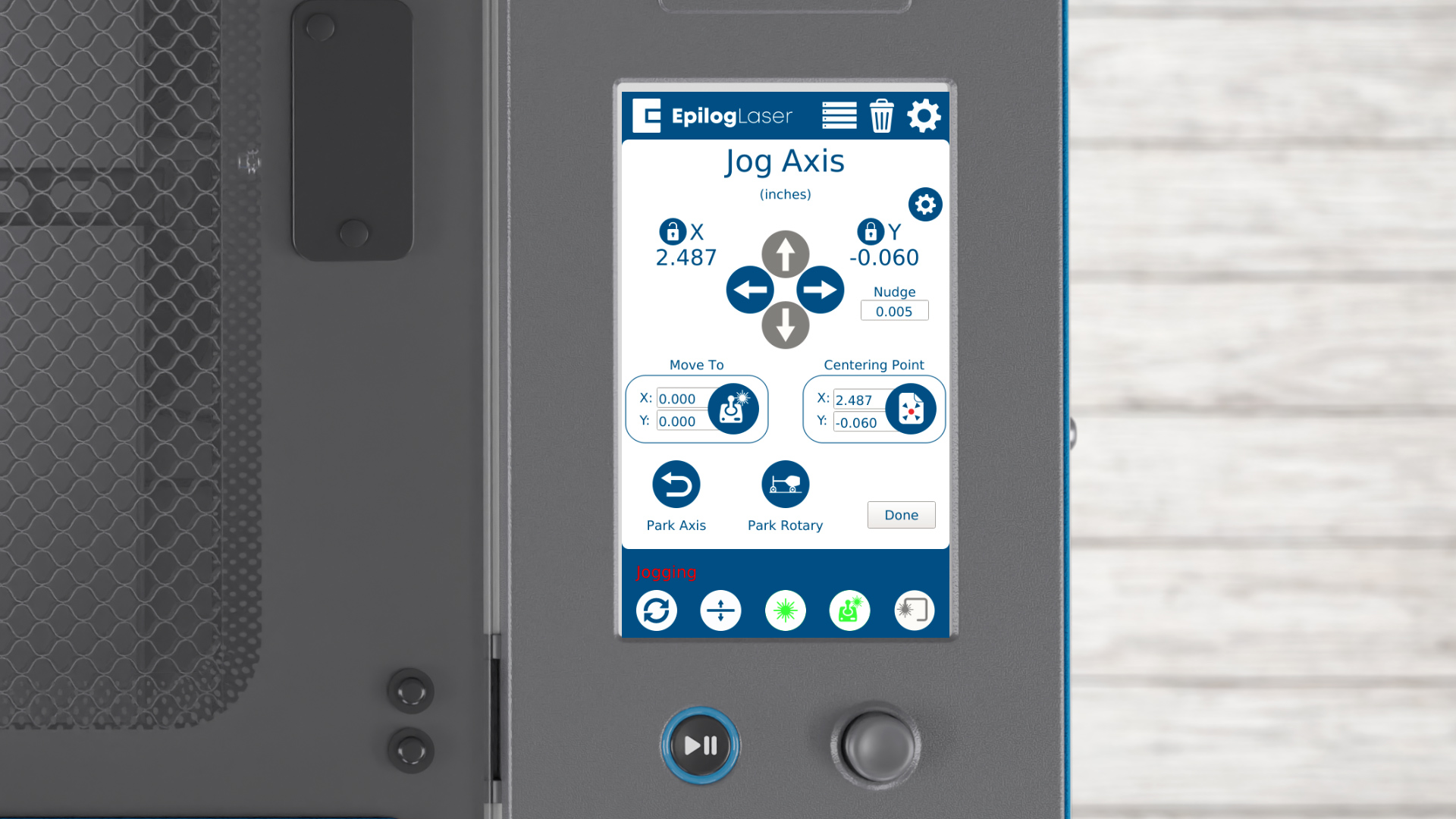 Close-up of display panel with Centering Point button