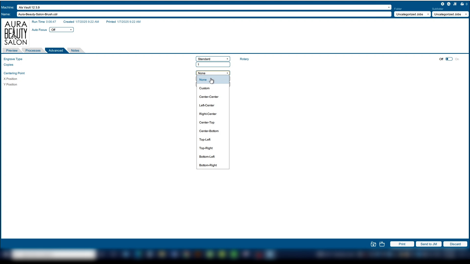 Laser Dashboard dropdown for centering point options