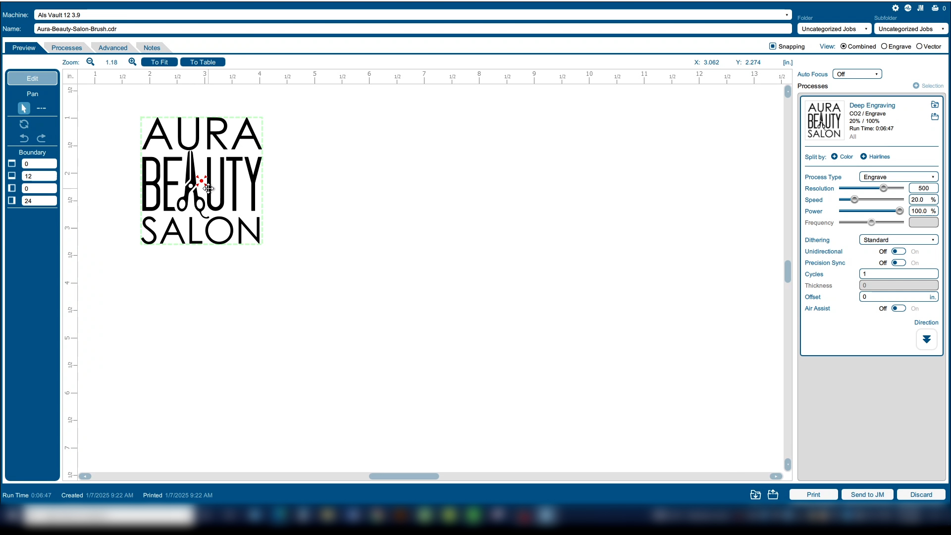 Preview tab with red target indicating new center point