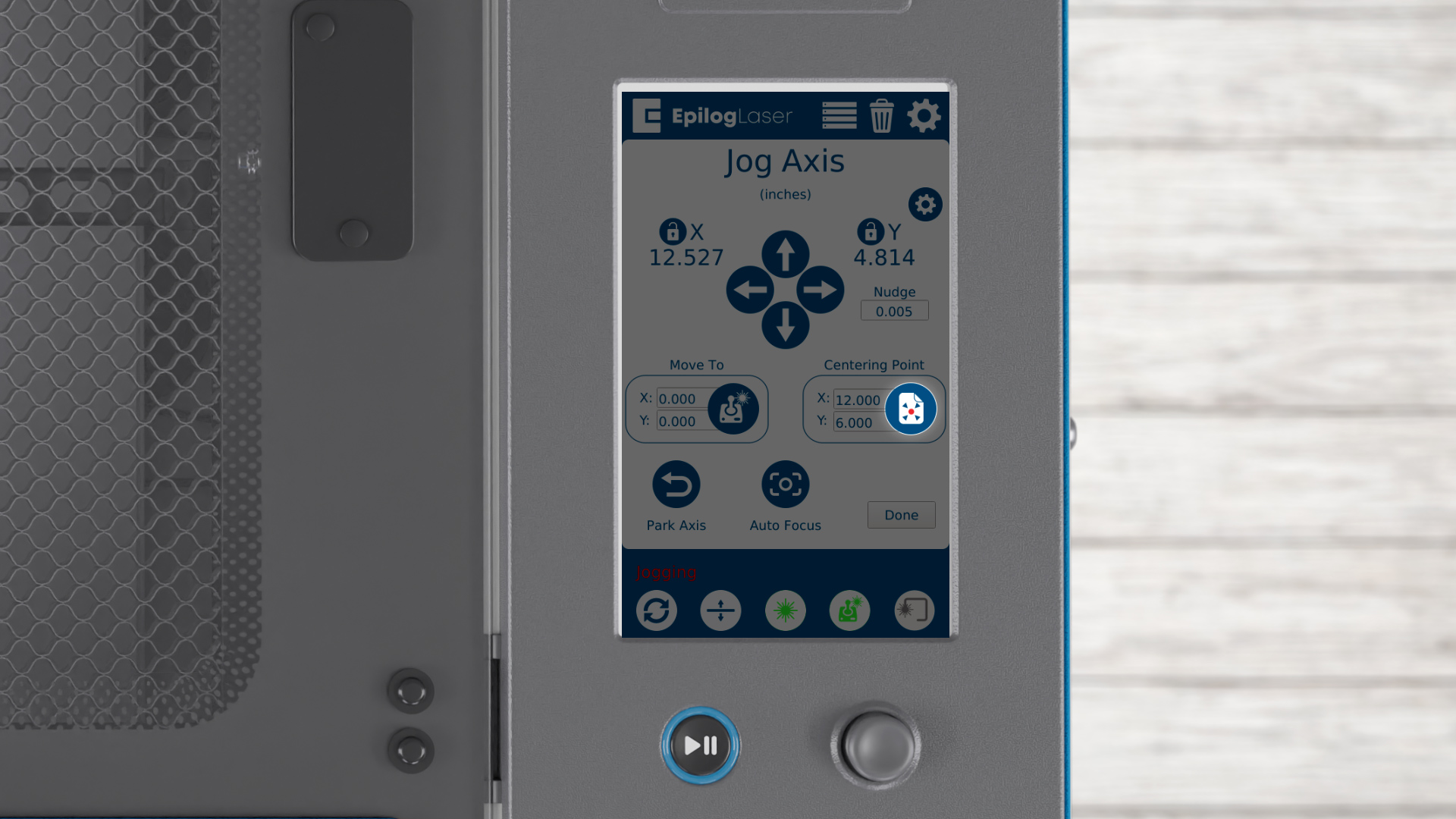 Close-up of control panel with Centering Point button