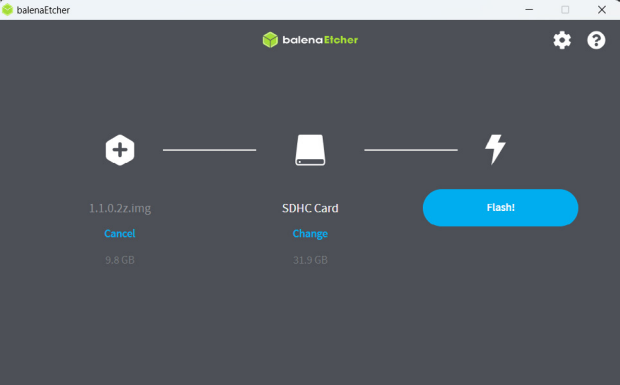 Clicking 'Flash' to start writing to SD card