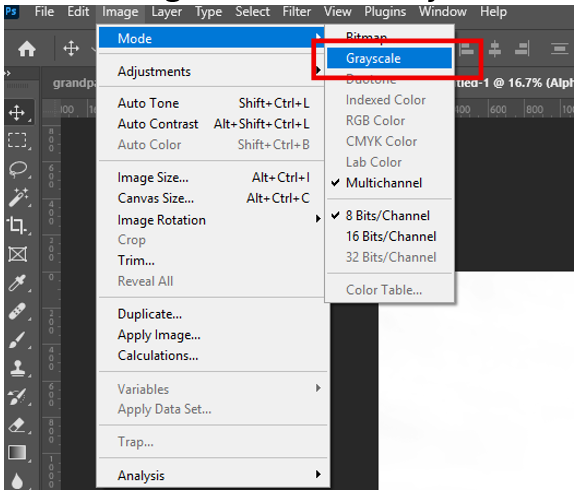 Grayscale mode in Photoshop