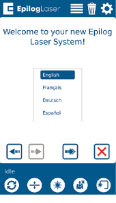 Epilog Laser welcome screen with language selection