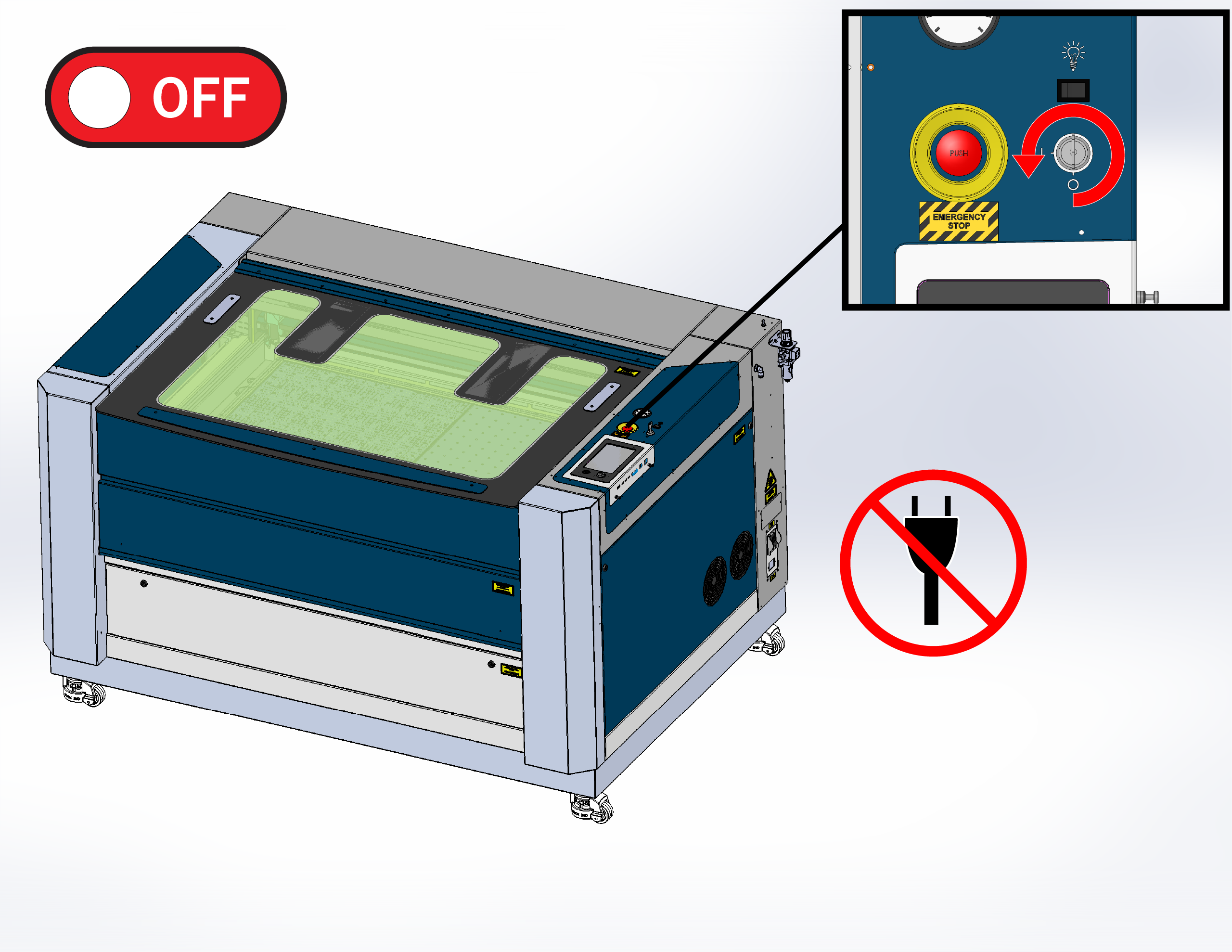 Disconnecting the power cable from the Fusion Pro 48 laser system.