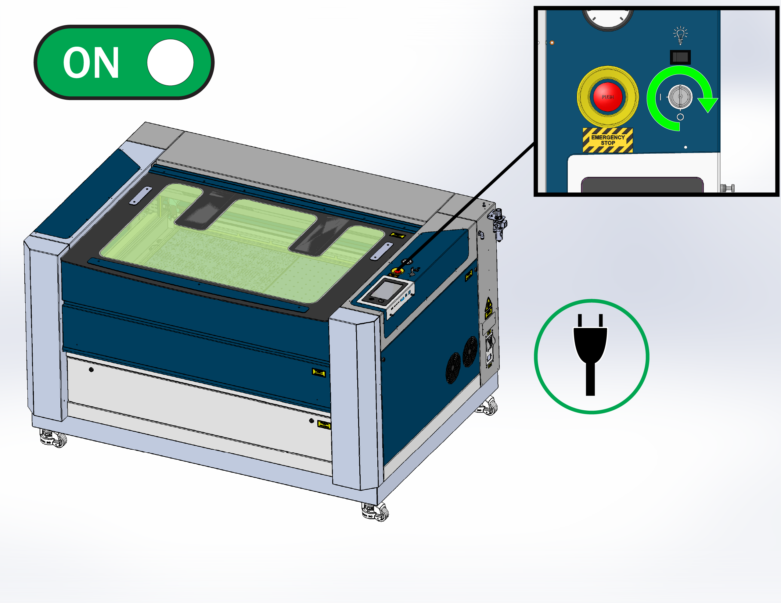 Plugging in the power cable and turning on the Fusion Pro 48 laser.