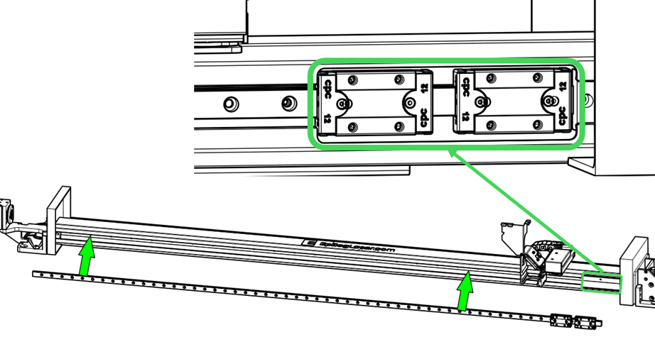Positioning linear guide with bearing blocks at cutout