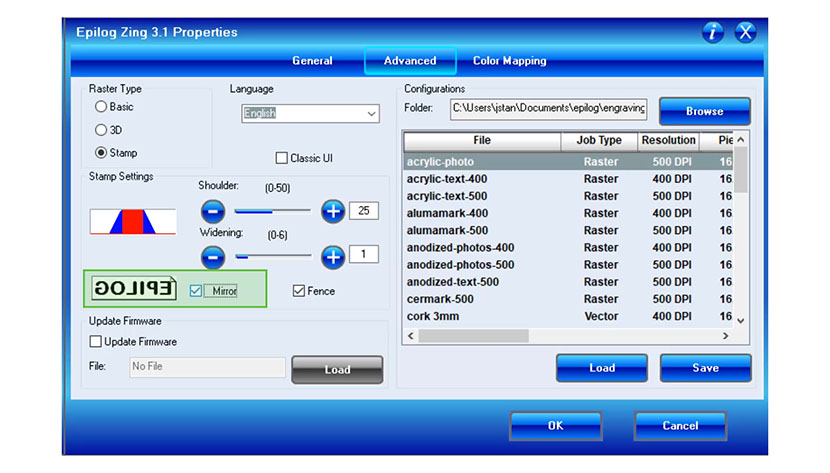Saving Configuration Settings in the Epilog Laser Dashboard