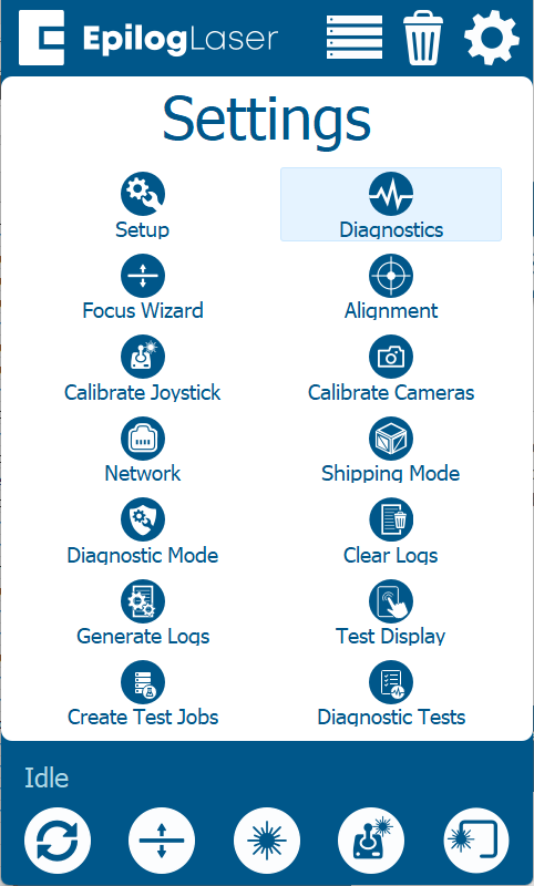 Diagnostics screen with the Test & Update button.