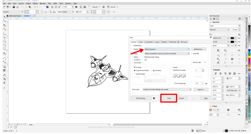 Sending a job to the Epilog Software Suite.