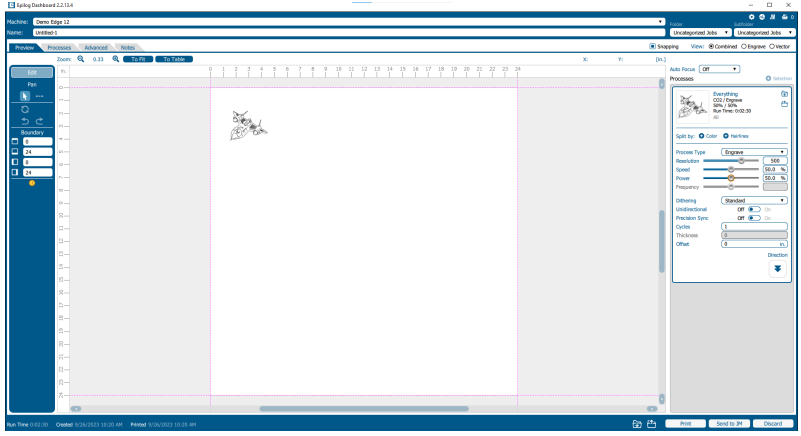 Job loaded into Epilog Dashboard.
