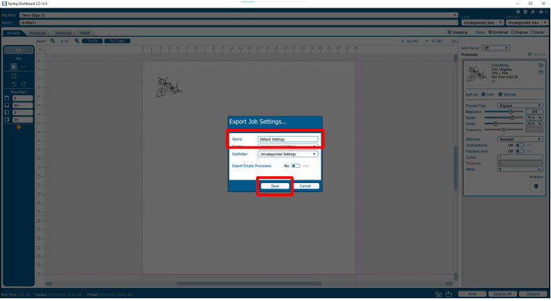 Naming and saving exported job settings.