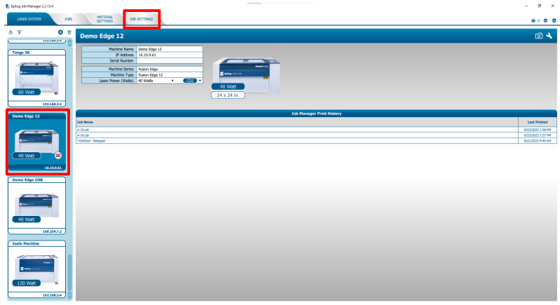 Opening Epilog Job Manager and selecting the Jobs tab.