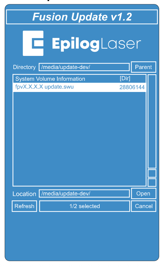 Directory browser screen showing .swu file