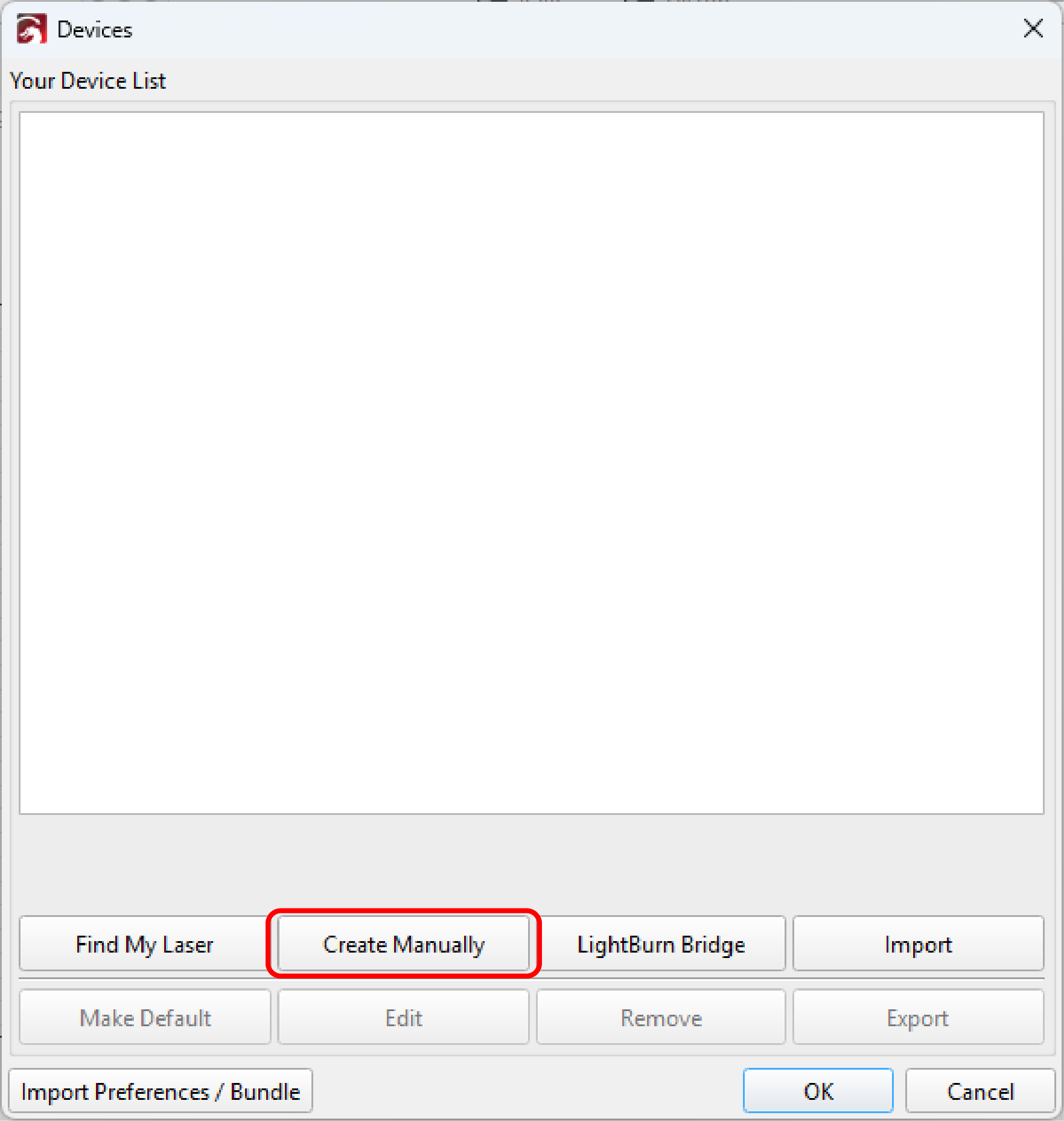 LightBurn device setup wizard with Create Manually button