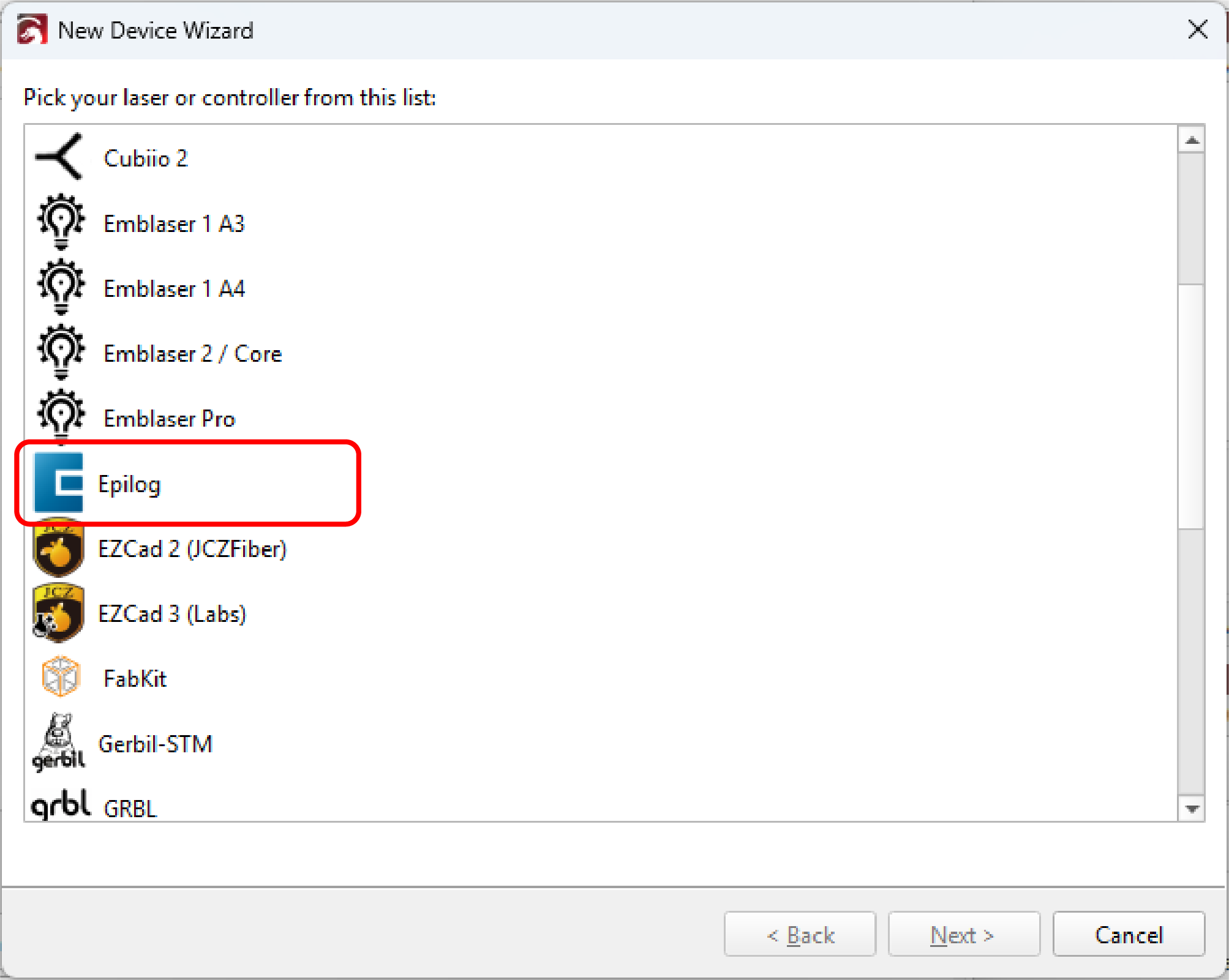 Controller list with Epilog selected