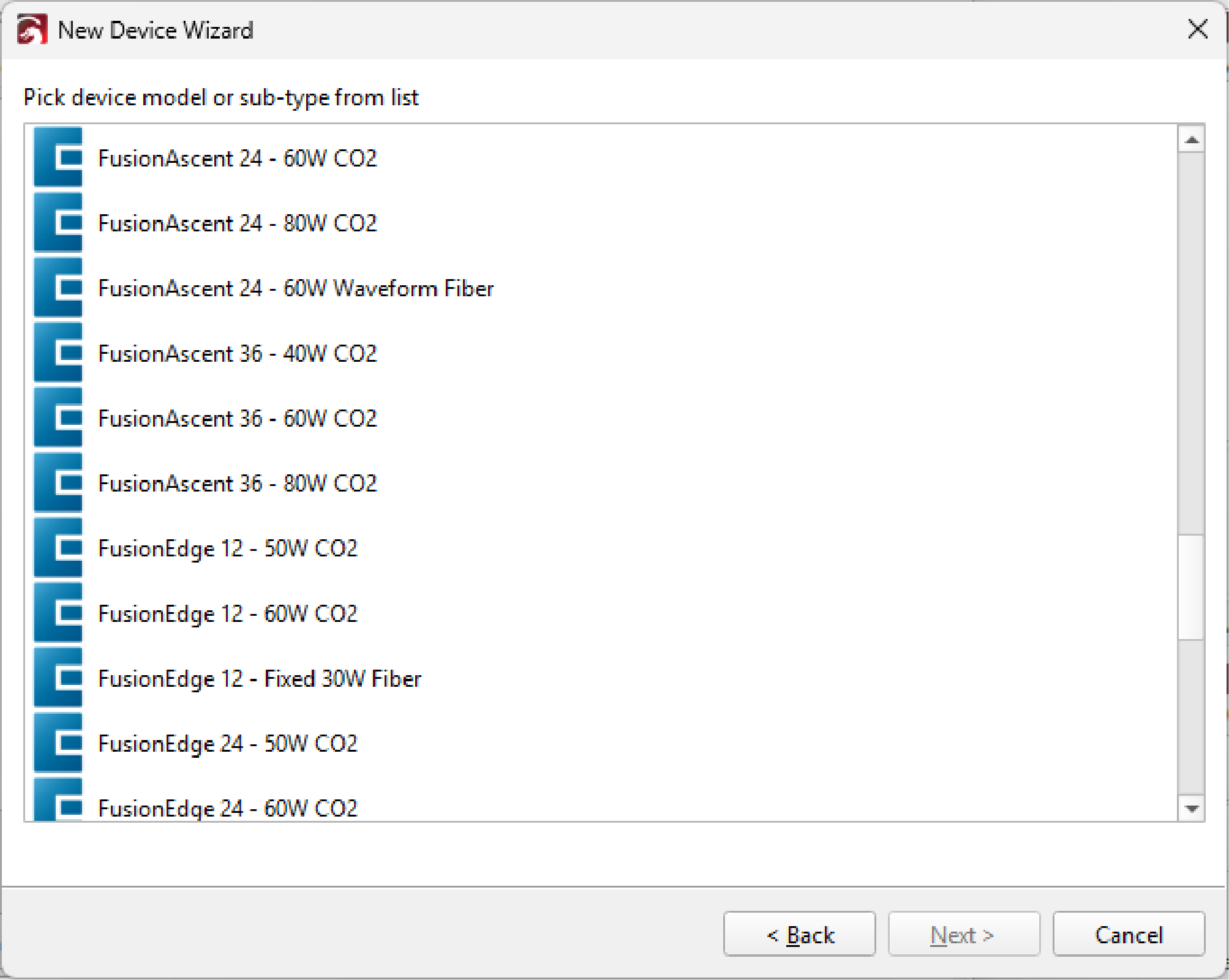 Epilog model and wattage selection