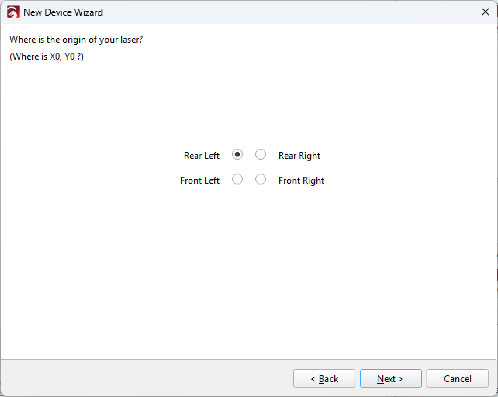 Origin selection with rear left highlighted