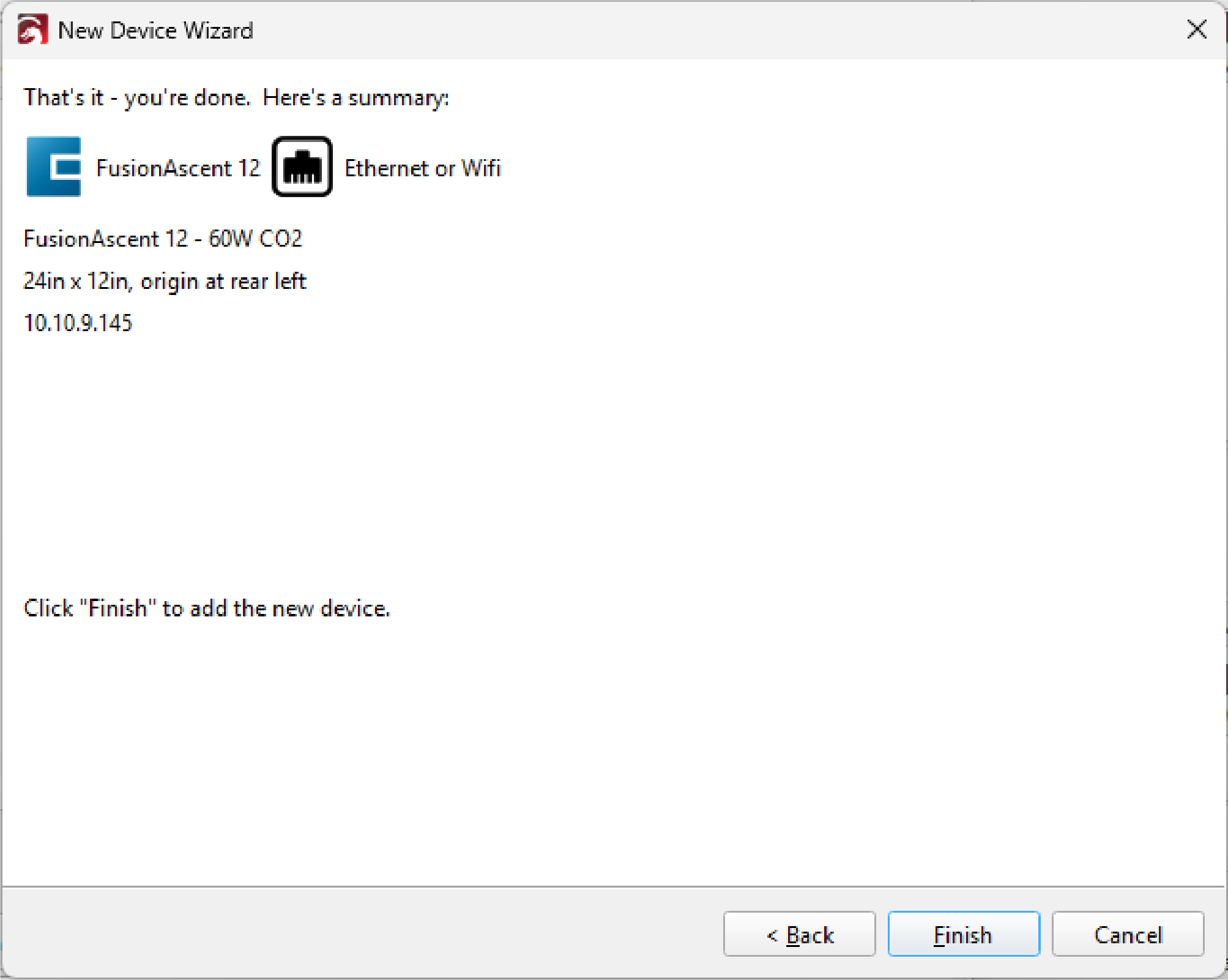 Device summary screen with Finish button