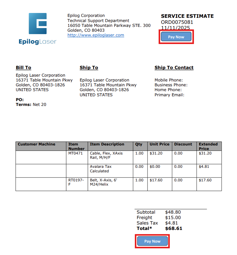 Pay Now button on Epilog quote