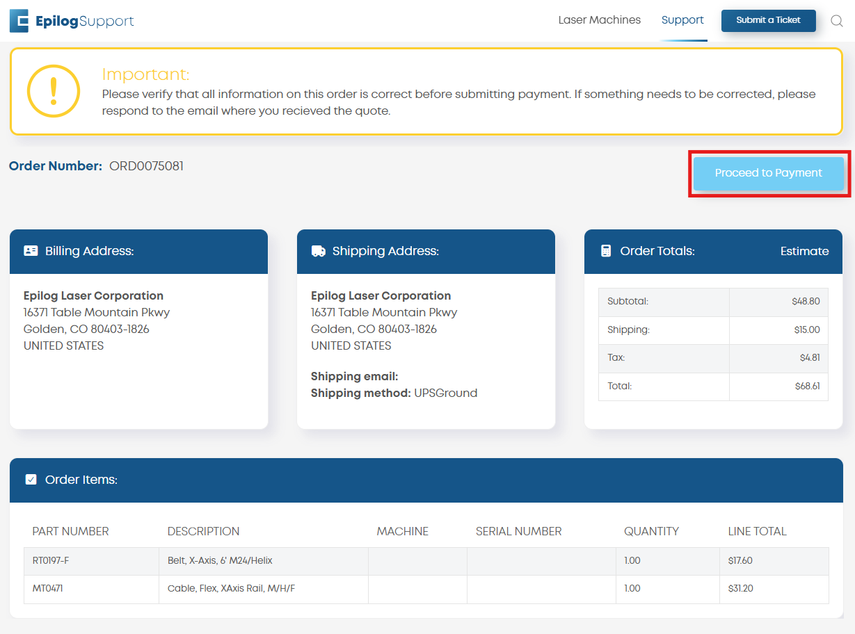 Order confirmation and payment button