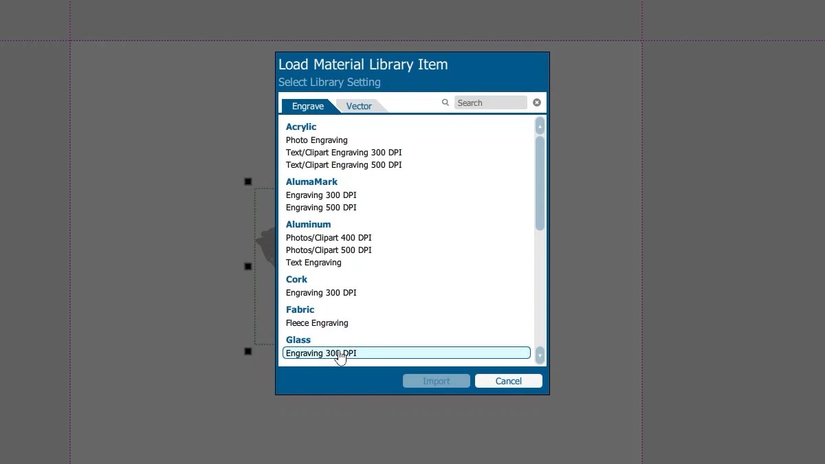 Import the laser parameters. artwork in Epilog Laser Dashboard