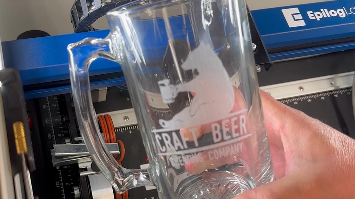 Enjoy the final result of your engraving. laser engraved glass mug with the Rim-Style rotary attachment